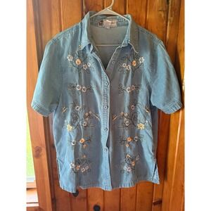 Vintage Denim Embroidered Floral‎ Button Up Shirt Top Blouse size large
